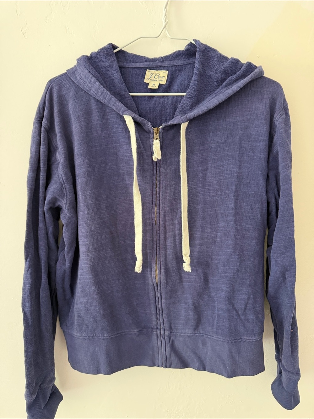 J. Crew Deep Blue Zip Hoodie with Cream Drawcords